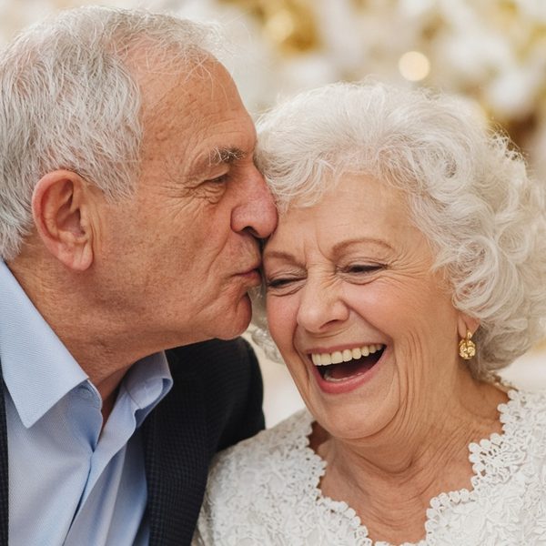 Husband kissing his laughing wife at their 50th anniversary party — sample 2x2 photo magnet