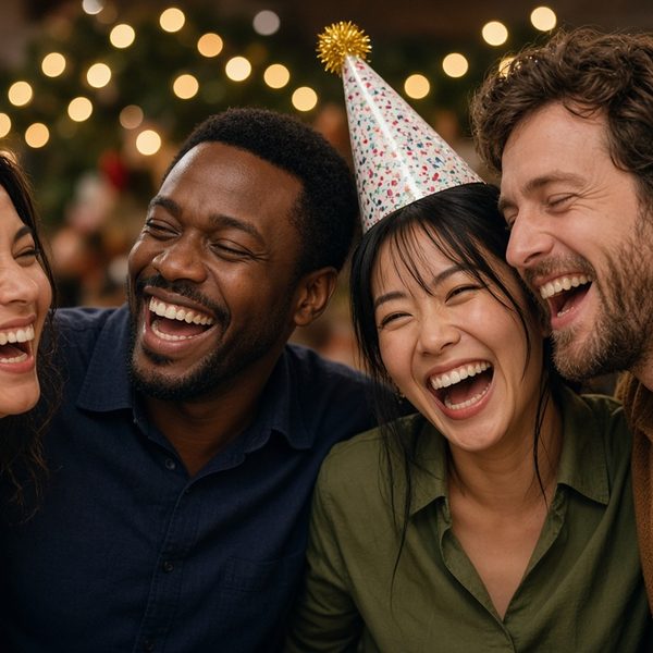 Four coworkers laughing together at an office holiday party — sample 2x2 photo magnet
