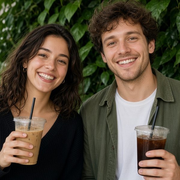 Two guests with iced drinks in front of a green leaf wall — sample 2x2 photo magnet