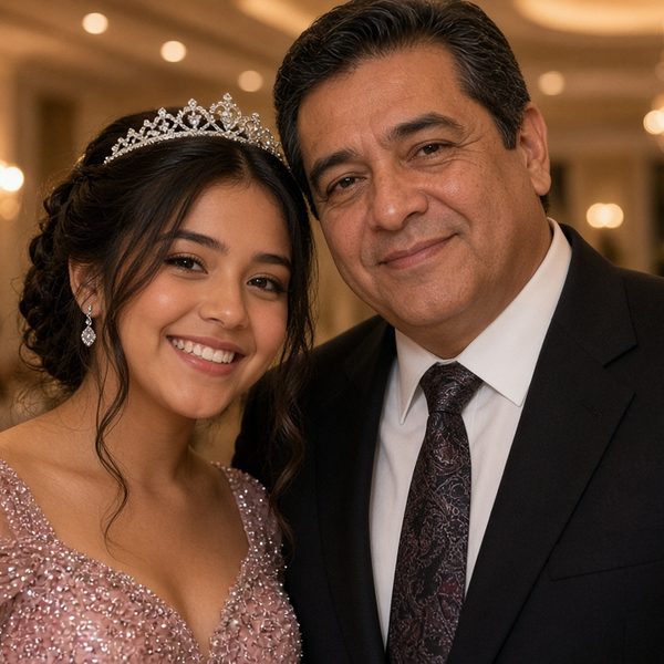 Quinceañera in a rose gown with her proud father — sample 2x2 photo magnet