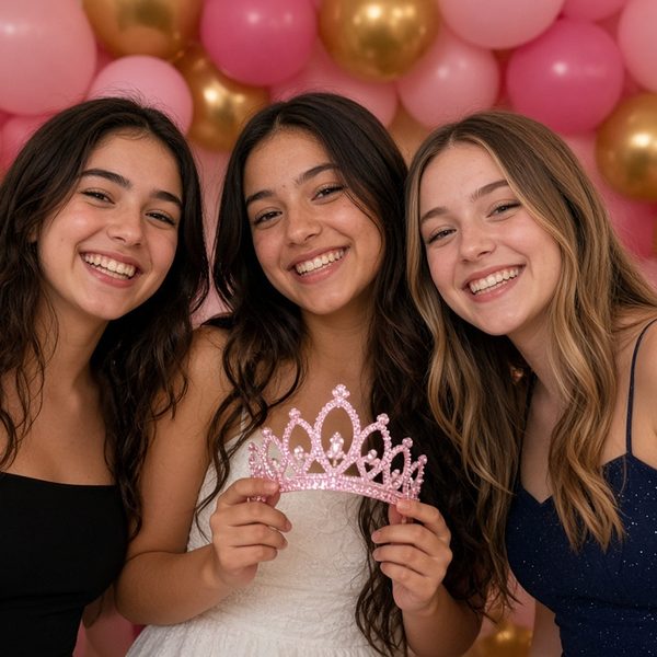 Three friends with a tiara in front of a pink and gold balloon arch — sample 2x2 photo magnet
