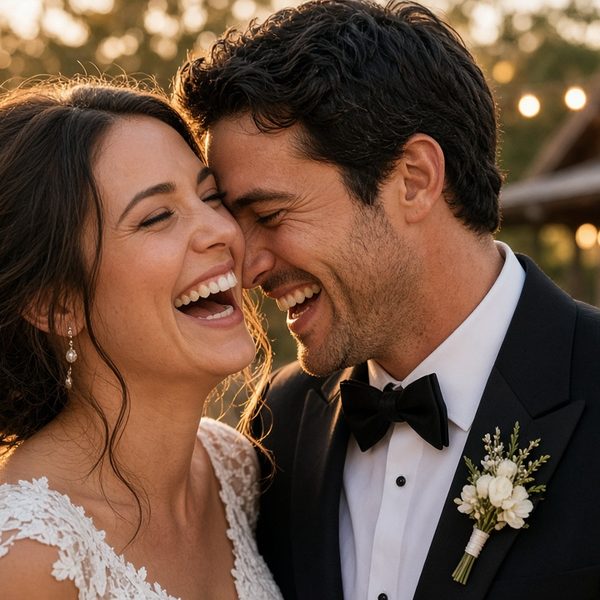 Bride and groom laughing cheek to cheek at a string-lit barn wedding — sample 2x2 photo magnet